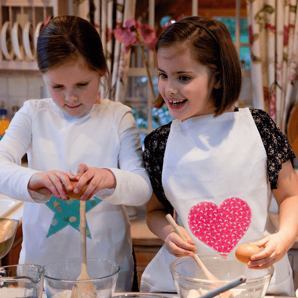 Aprons with Star in Pineapple Punch and Heart in Flirty Flamingo